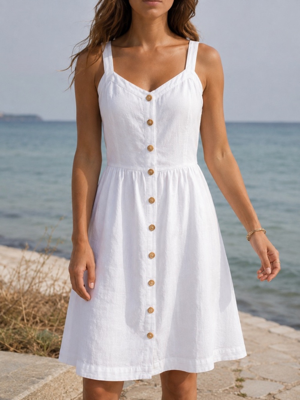 LOFT Linen Blend White Dress 6 Button Front Coastal Strappy Sleeveless